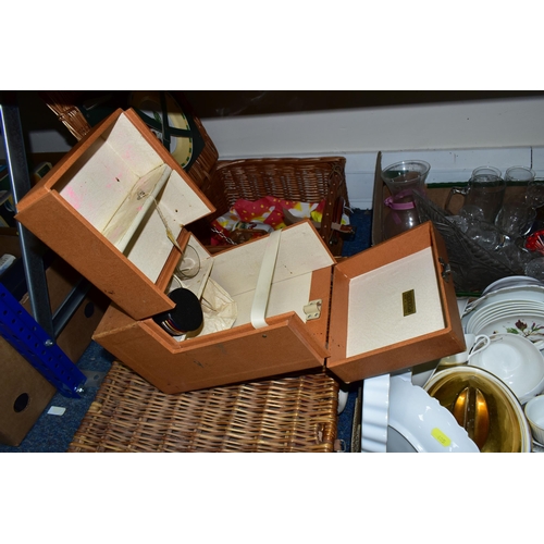 405 - FOUR BOXES OF CERAMICS AND TWO WICKER PICNIC BASKETS, to include a 1950's Sirram picnic set for four... 