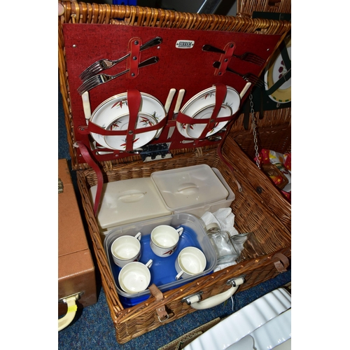 405 - FOUR BOXES OF CERAMICS AND TWO WICKER PICNIC BASKETS, to include a 1950's Sirram picnic set for four... 