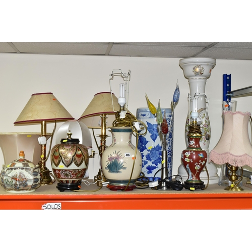 406 - A QUANTITY OF TABLE LAMPS AND JARDINIERES,  comprising a Satsuma style pot in the form of a lotus bl... 