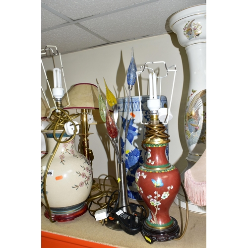 406 - A QUANTITY OF TABLE LAMPS AND JARDINIERES,  comprising a Satsuma style pot in the form of a lotus bl... 