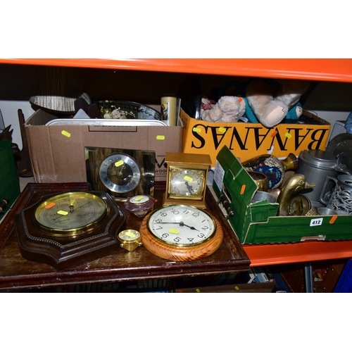 412 - THREE BOXES OF MISCELLANEOUS SUNDRIES, to include a Ferguson dual radio alarm CD/MP3 clock radio, a ... 