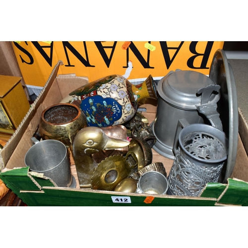 412 - THREE BOXES OF MISCELLANEOUS SUNDRIES, to include a Ferguson dual radio alarm CD/MP3 clock radio, a ... 