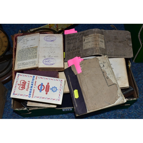 417 - TWO BOXES OF ANTIQUARIAN BOOKS AND EPHEMERA, to include an excess luggage book, timetable and ticket... 