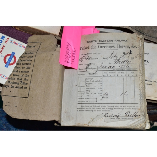 417 - TWO BOXES OF ANTIQUARIAN BOOKS AND EPHEMERA, to include an excess luggage book, timetable and ticket... 