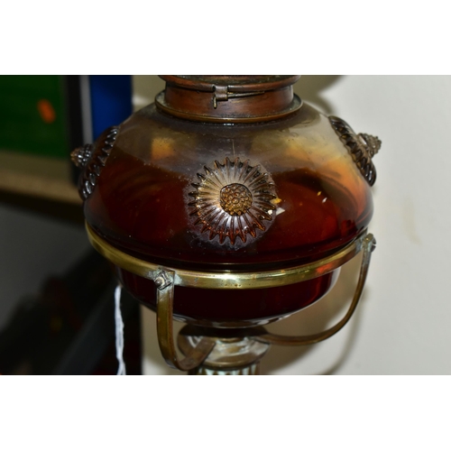 423 - AN OIL LAMP BY S HOOPER, BIRMINGHAM, with glass reservoir having moulded daisy decoration, supported... 