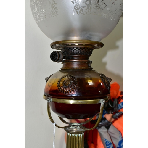 423 - AN OIL LAMP BY S HOOPER, BIRMINGHAM, with glass reservoir having moulded daisy decoration, supported... 