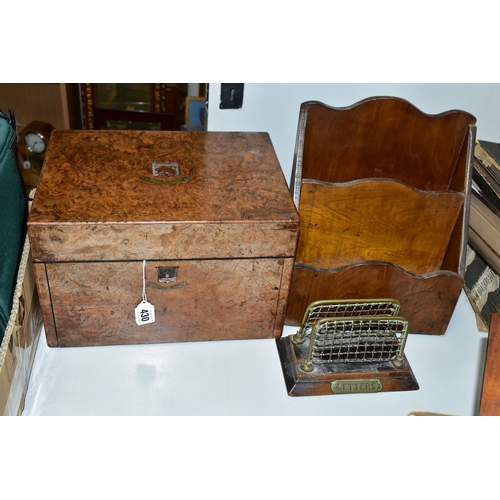 430 - A BURR WOOD VENEERED WRITING BOX AND TWO LETTER RACKS, the fall front of the writing box opens to re... 