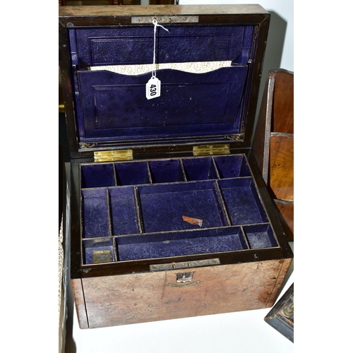 430 - A BURR WOOD VENEERED WRITING BOX AND TWO LETTER RACKS, the fall front of the writing box opens to re... 