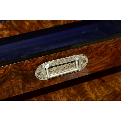 430 - A BURR WOOD VENEERED WRITING BOX AND TWO LETTER RACKS, the fall front of the writing box opens to re... 