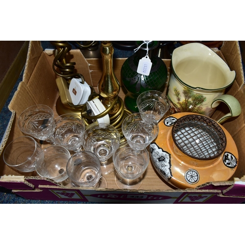 434 - A BOX AND LOOSE CERAMICS, GLASS WARES, TABLE LAMP BASES AND MIRRORS, to include a green glass decant... 