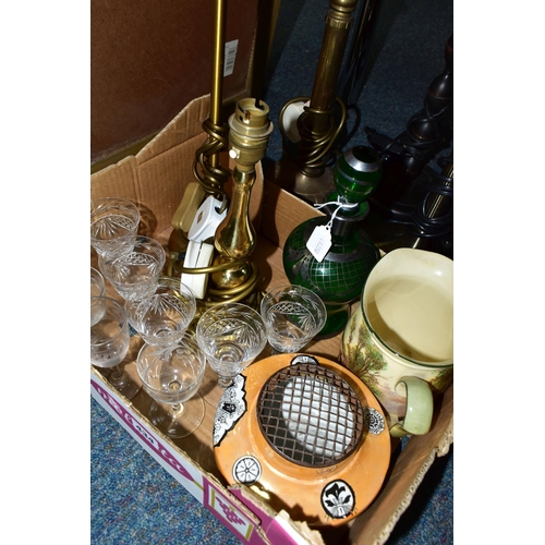 434 - A BOX AND LOOSE CERAMICS, GLASS WARES, TABLE LAMP BASES AND MIRRORS, to include a green glass decant... 