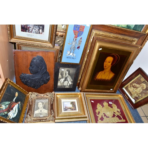 435 - EIGHTEEN PICTURE AND PRINTS ETC, to include portraits of historic royal figures, a wooden plaque dep... 