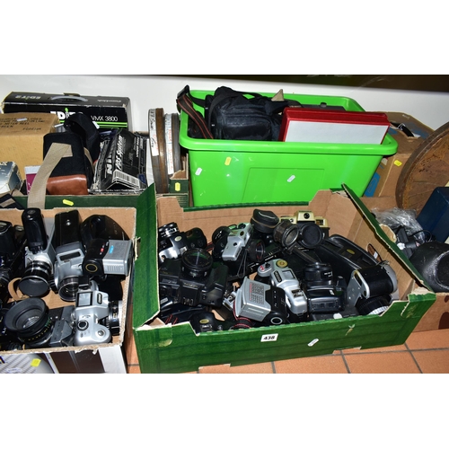 438 - FIVE BOXES AND LOOSE CAMERAS, PARTS AND ACCESSORIES, to include a cased Zenit TTL camera fitted with... 