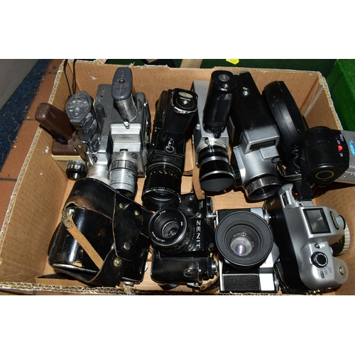 438 - FIVE BOXES AND LOOSE CAMERAS, PARTS AND ACCESSORIES, to include a cased Zenit TTL camera fitted with... 