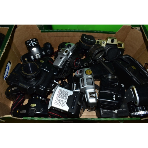 438 - FIVE BOXES AND LOOSE CAMERAS, PARTS AND ACCESSORIES, to include a cased Zenit TTL camera fitted with... 