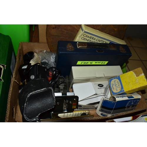 438 - FIVE BOXES AND LOOSE CAMERAS, PARTS AND ACCESSORIES, to include a cased Zenit TTL camera fitted with... 