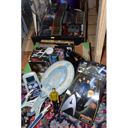 445 - TWO BOXES AND LOOSE STAR TREK MEMORABILIA, to include a Playmates Spock Warp Collection action figur... 