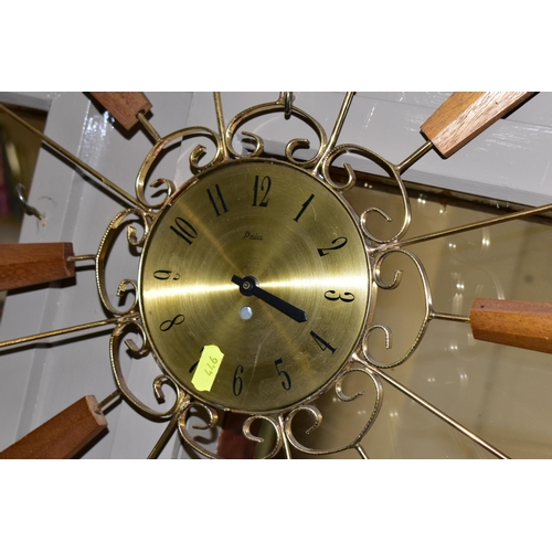 446 - FOUR MID-CENTURY SUNBURST WALL CLOCKS, and a teak and chrome sunburst clock frame (one ray tip sligh... 