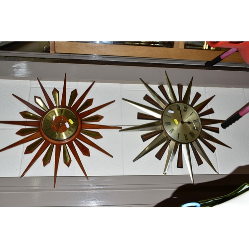 446 - FOUR MID-CENTURY SUNBURST WALL CLOCKS, and a teak and chrome sunburst clock frame (one ray tip sligh... 