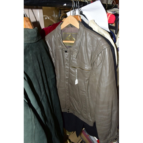 447 - TWO BOXES OF TEXTILES AND GENTLEMEN'S VINTAGE CLOTHING, to include a grey leather 'Bomber' jacket, a... 