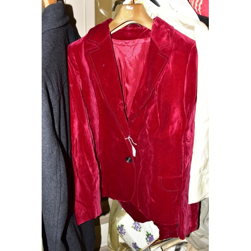 447 - TWO BOXES OF TEXTILES AND GENTLEMEN'S VINTAGE CLOTHING, to include a grey leather 'Bomber' jacket, a... 