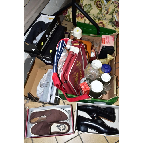 447 - TWO BOXES OF TEXTILES AND GENTLEMEN'S VINTAGE CLOTHING, to include a grey leather 'Bomber' jacket, a... 