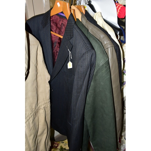 447 - TWO BOXES OF TEXTILES AND GENTLEMEN'S VINTAGE CLOTHING, to include a grey leather 'Bomber' jacket, a... 