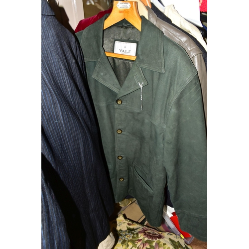 447 - TWO BOXES OF TEXTILES AND GENTLEMEN'S VINTAGE CLOTHING, to include a grey leather 'Bomber' jacket, a... 