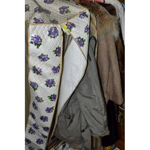 448 - THREE BOXES OF VINTAGE CLOTHING AND THREE FUR JACKETS, comprising a 1960's Jekmoth wardrobe clothes ... 