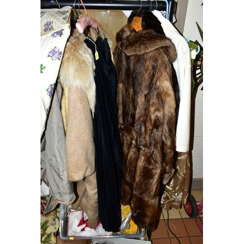 448 - THREE BOXES OF VINTAGE CLOTHING AND THREE FUR JACKETS, comprising a 1960's Jekmoth wardrobe clothes ... 