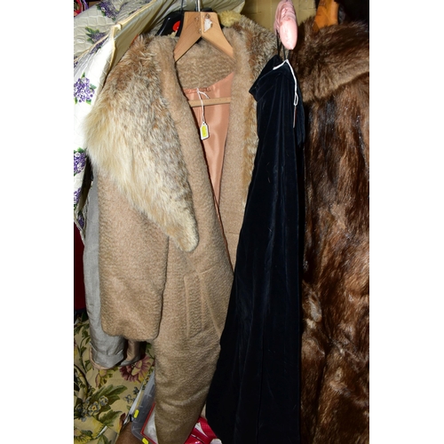 448 - THREE BOXES OF VINTAGE CLOTHING AND THREE FUR JACKETS, comprising a 1960's Jekmoth wardrobe clothes ... 