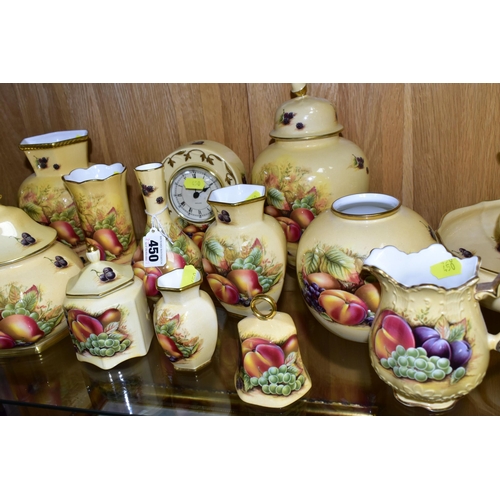 450 - SIXTEEN PIECES OF AYNSLEY ORCHARD GOLD GIFTWARES, comprising a fruit bowl, six assorted vases talles... 