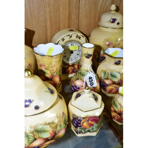 450 - SIXTEEN PIECES OF AYNSLEY ORCHARD GOLD GIFTWARES, comprising a fruit bowl, six assorted vases talles... 