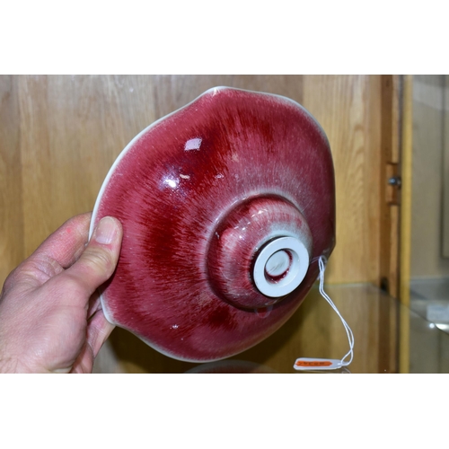 452 - IVAR MACKAY (1950-) A DOUBLE PETAL EDGED PORCELAIN BOWL, wheel thrown, copper red glazed inside and ... 