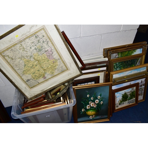 457 - A BOX AND LOOSE ASSORTED PRINTS ETC, to include framed Wills Association Footballers, amateur oil pa... 