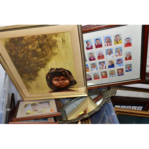 457 - A BOX AND LOOSE ASSORTED PRINTS ETC, to include framed Wills Association Footballers, amateur oil pa... 