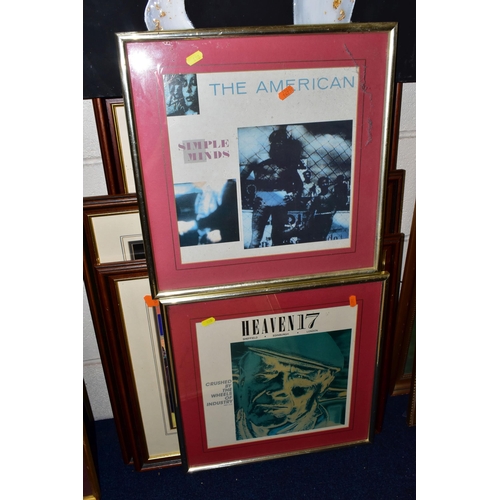 460 - FRAMED MUSIC EPHEMERA ETC, comprising Simple Minds, Heaven 17, The Lover Speaks - two versions, Joy ... 