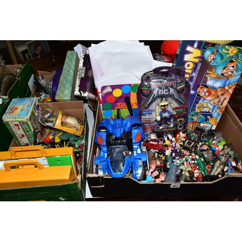 463 - FOUR BOXES OF VINTAGE TOYS AND A COLLECTION OF VHS VIDEOS, comprising incomplete part of a Hasbro  1... 