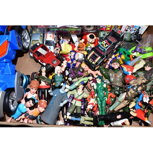 463 - FOUR BOXES OF VINTAGE TOYS AND A COLLECTION OF VHS VIDEOS, comprising incomplete part of a Hasbro  1... 