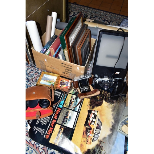 472 - FOUR BOXES, A SUITCASE AND LOOSE CAMERAS, BOOKS, PICTURES, AND SUNDRY ITEMS, to include  autobiograp... 