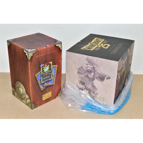 727 - BLIZZCON 2019 ORC & GRUNT STATUE AND A BOX OF THE 2013 BLIZZARD EMPLOYEE HOLIDAY GIFT, 2013 holiday ... 