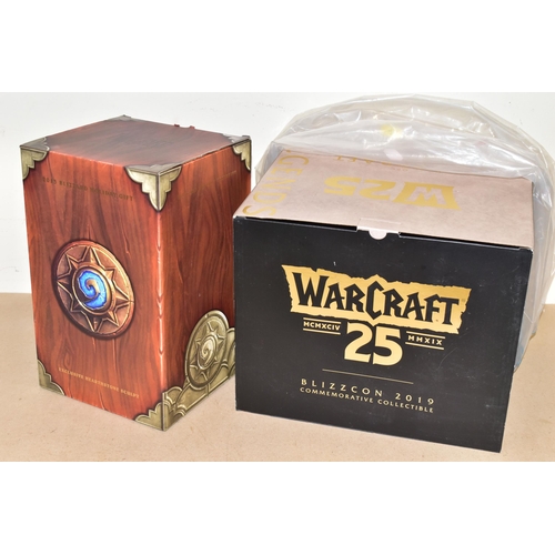 727 - BLIZZCON 2019 ORC & GRUNT STATUE AND A BOX OF THE 2013 BLIZZARD EMPLOYEE HOLIDAY GIFT, 2013 holiday ... 