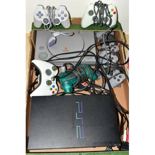 775 - FOUR BOXES OF CONSOLES AND GAMES, consoles include the Playstation, Playstation 2 and two Sega Megad... 