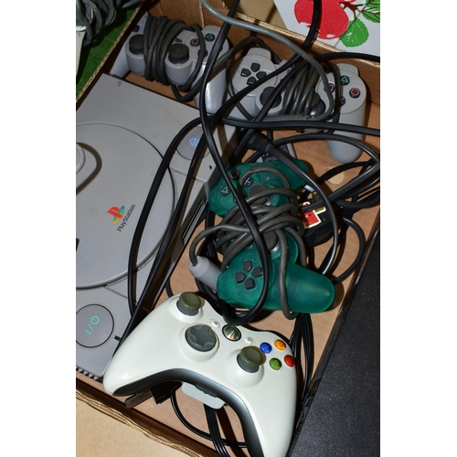 775 - FOUR BOXES OF CONSOLES AND GAMES, consoles include the Playstation, Playstation 2 and two Sega Megad... 