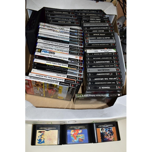 775 - FOUR BOXES OF CONSOLES AND GAMES, consoles include the Playstation, Playstation 2 and two Sega Megad... 