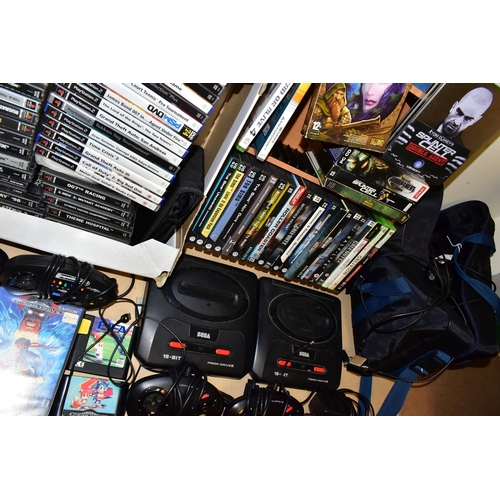 775 - FOUR BOXES OF CONSOLES AND GAMES, consoles include the Playstation, Playstation 2 and two Sega Megad... 