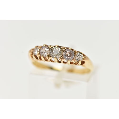 8 - A FIVE STONE DIAMOND RING, early 20th century ring, five old cut graduated diamonds prong set in a y... 