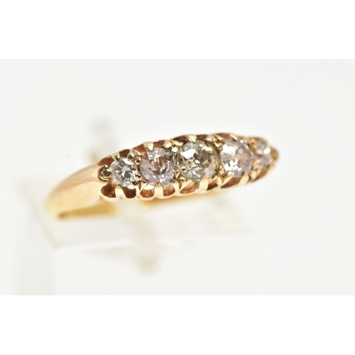 8 - A FIVE STONE DIAMOND RING, early 20th century ring, five old cut graduated diamonds prong set in a y... 