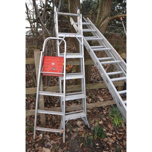 1010 - THREE SETS OF LADDERS comprising a Titan 3-way ladder, large set of extendable ladders and a set of ... 