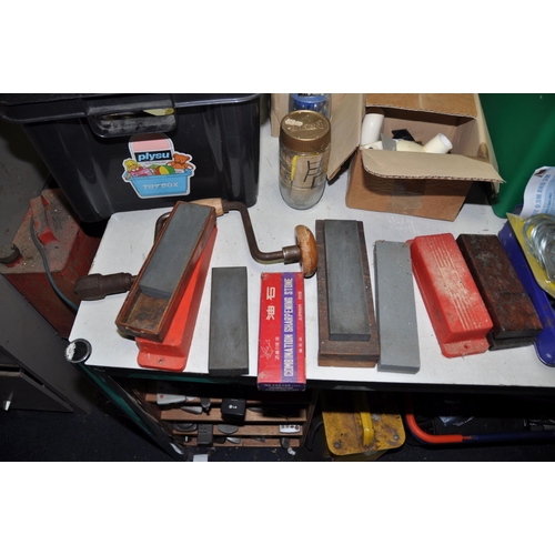 1051 - TWO BOX AND A TOOLBOX CONTAINING TOOLS including trowels, sharpening stones, mallets, hack saws, fre... 